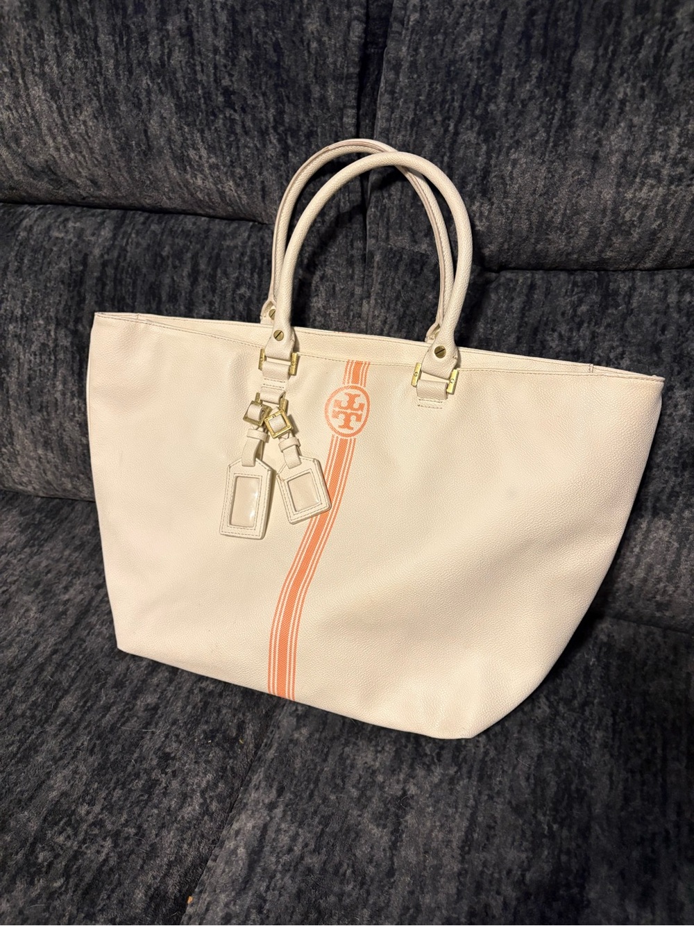 Tory Burch Ivory Leather Tote with Coral Accent Stripe